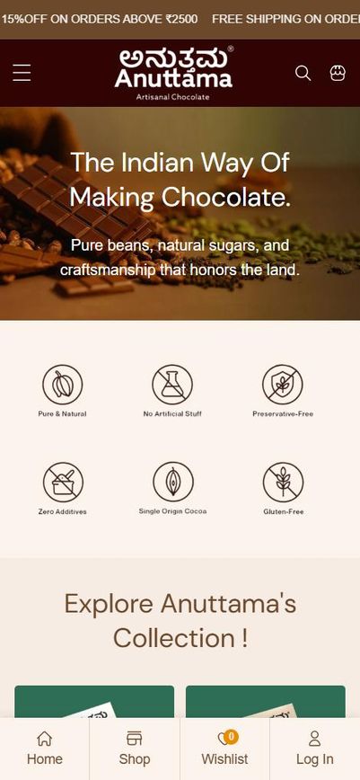 Anuttama Chocolates homepage, mobile view