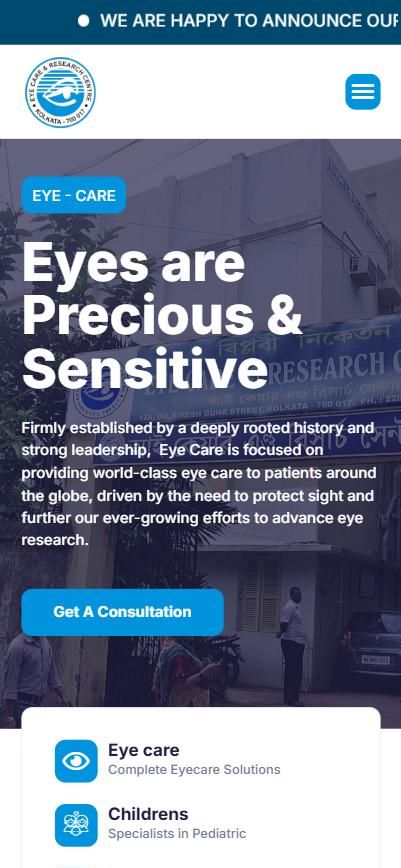 Eye Care Kolkata homepage, mobile view