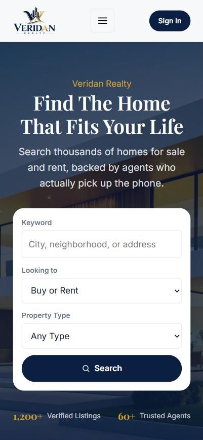 Real estate demo homepage, mobile view