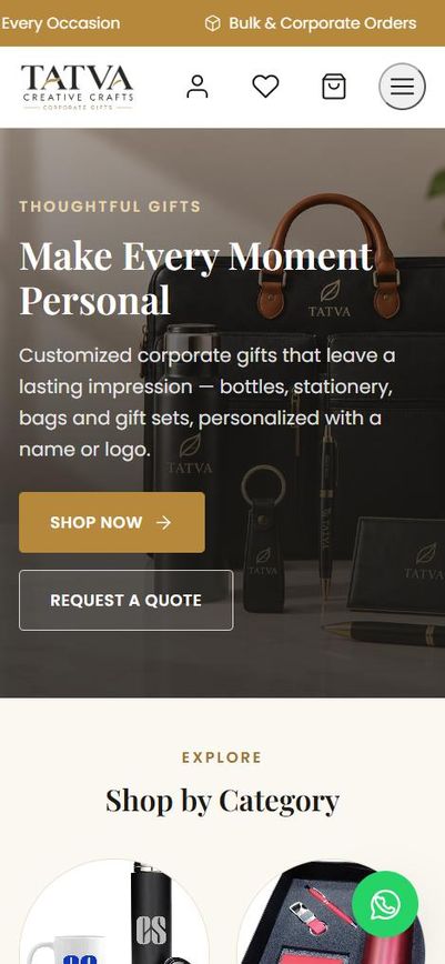 Tatva Creative Crafts homepage, mobile view